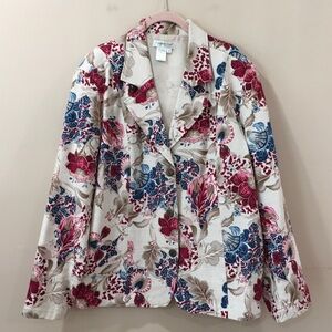 Coldwater Creek Floral Blazer Women's 2X White Red Blue Cotton Lined Jacket